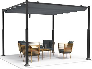 VOUNOT 3x3m Metal Pergola with Retractable Roof, Gazebo with Sun Shade Canopy for Garden Patio Outdoor, Grey