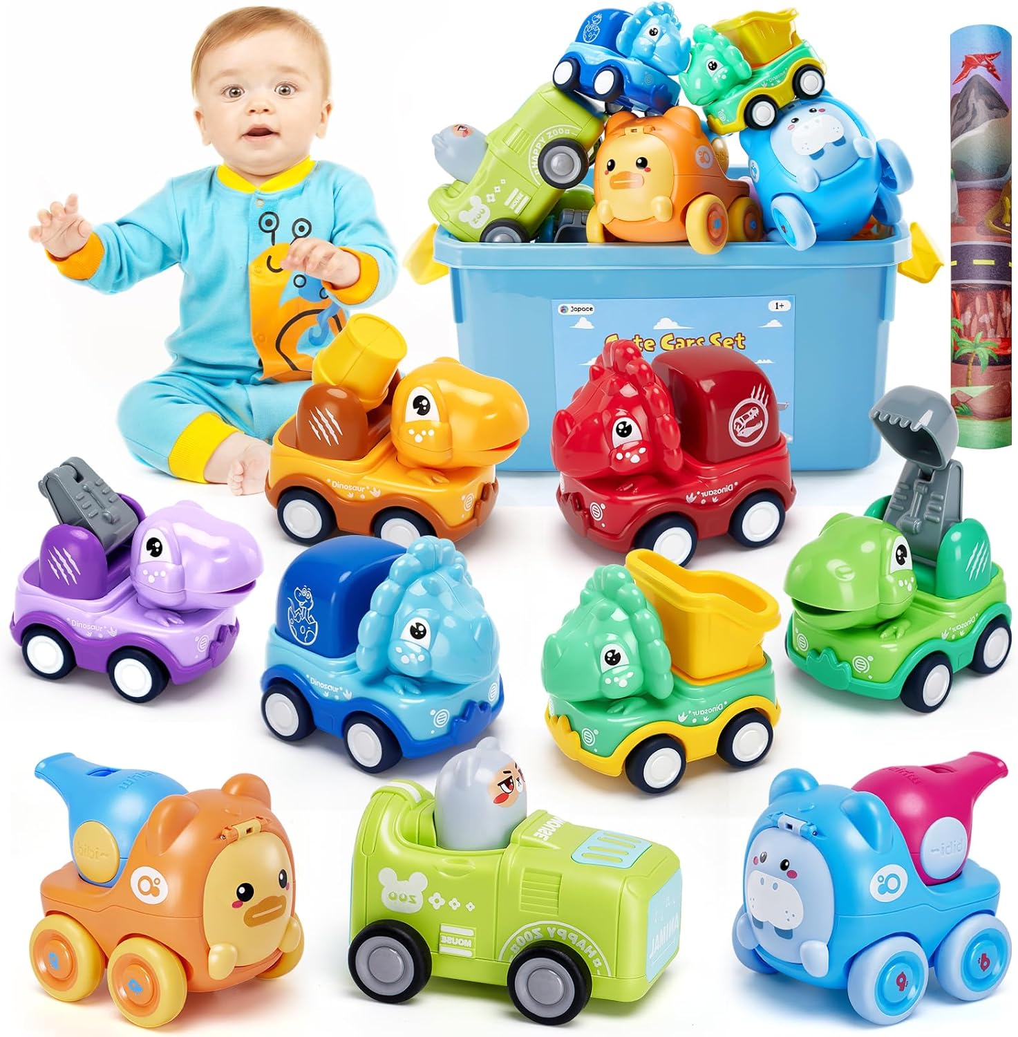 Car Toys for 1 2 Year Old, Animal Car Toy for 12-18 Months Baby, Pull Back Cars Dinosaur Toys Car Set for Boys, with Large Mat and Box, 1st Birthday Gift for Toddlers-0