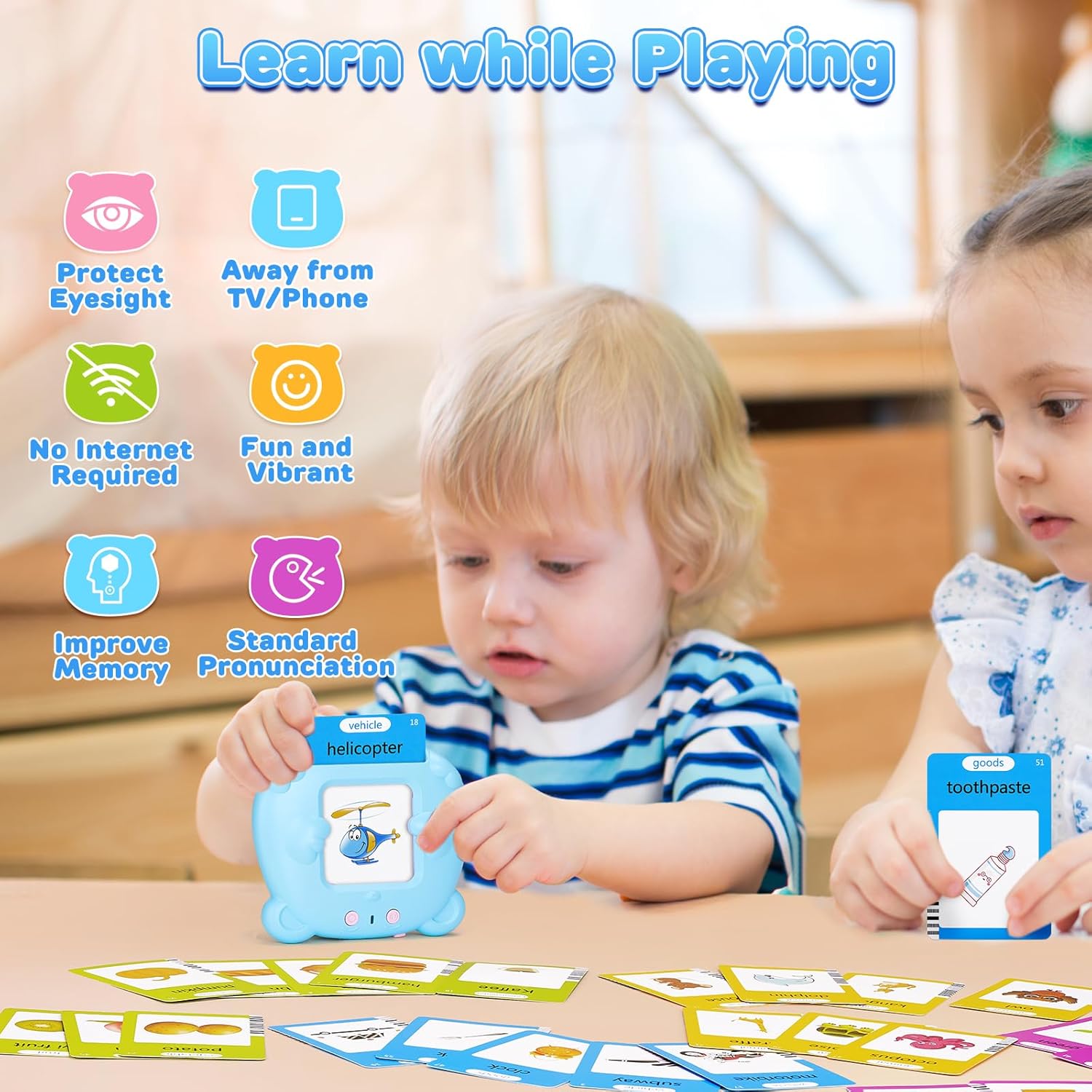 Talking Flash Cards for Toddlers, Early Educational Toys for 2 3 4 5 6 Year Old Boys Girls, 224 Words 112 Double Sided Flashcards Preschool Learning Reading Toys Montessori Interactive Gifts for Kids-1