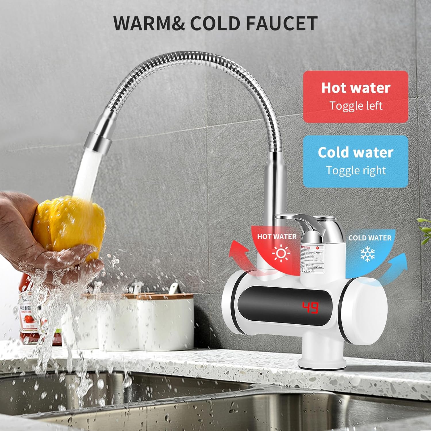 Instant Hot Water Tap, 220V 3000W Electric Instant Heating Faucet, Stainless Steel Boiling Water Tap, Hot and Cold Mixer Water Tap with LED Digital Display, 360° Rotatable Hose for Kitchen Bathroom-1