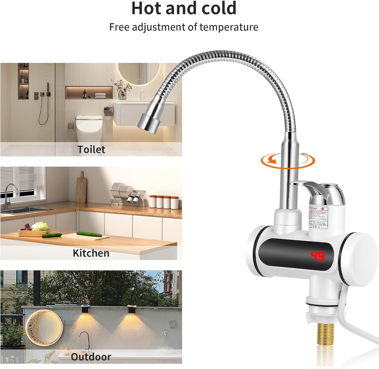 Instant Hot Water Tap, 220V 3000W Electric Instant Heating Faucet, Stainless Steel Boiling Water Tap, Hot and Cold Mixer Water Tap with LED Digital Display, 360° Rotatable Hose for Kitchen Bathroom-6