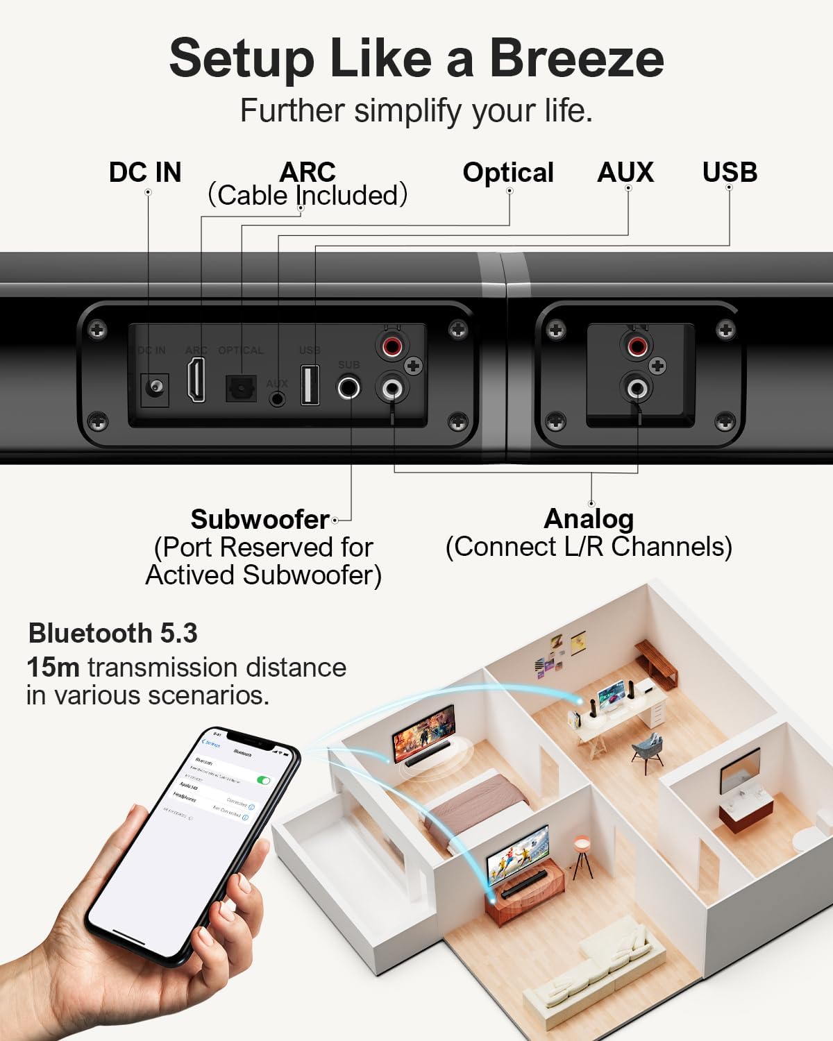 ULTIMEA 2.2ch Sound Bars for TV, Peak Power 100W, 2-in-1 Detachable Bluetooth 5.3 Soundbar for TV, 3 EQ Modes, Bass Adjustable for TV Speakers, ARC/Optical/Aux/Wall Mount, Apollo S40 Detachable Series-6