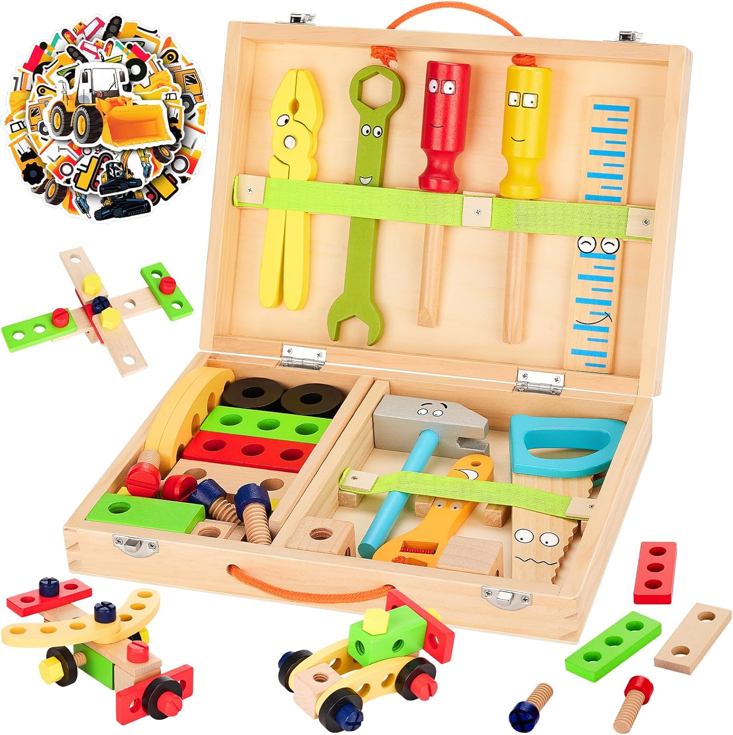 Monwoo Wooden Toys Kids Tool Set, Pretend Play Kids Tool Box Kit Montessori Educational Construction Toys, Wooden Tool Set for Kids Role Play Toys for 2 3 4 Year Old Boys Girls Birthday Gift-0