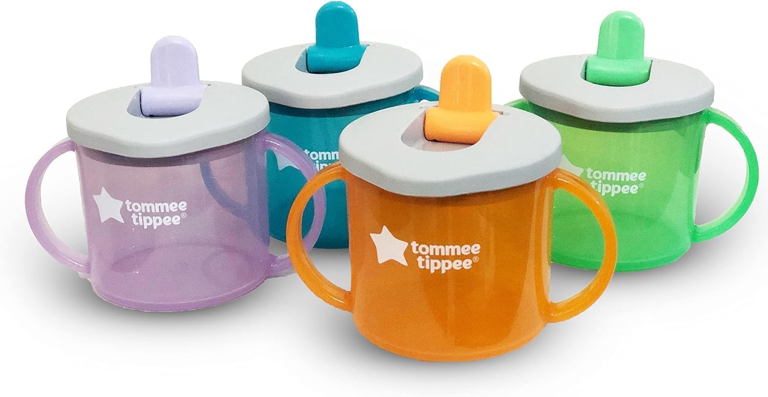 Tommee Tippee First Cup Sippy Cup for Babies with Flip-Up Free-Flow Spout and Easy Gip Handles, 4m+, 190ml, Pack of 4, 4 Colours (1x Orange, 1x Blue, 1x Purple, 1x Green)-0