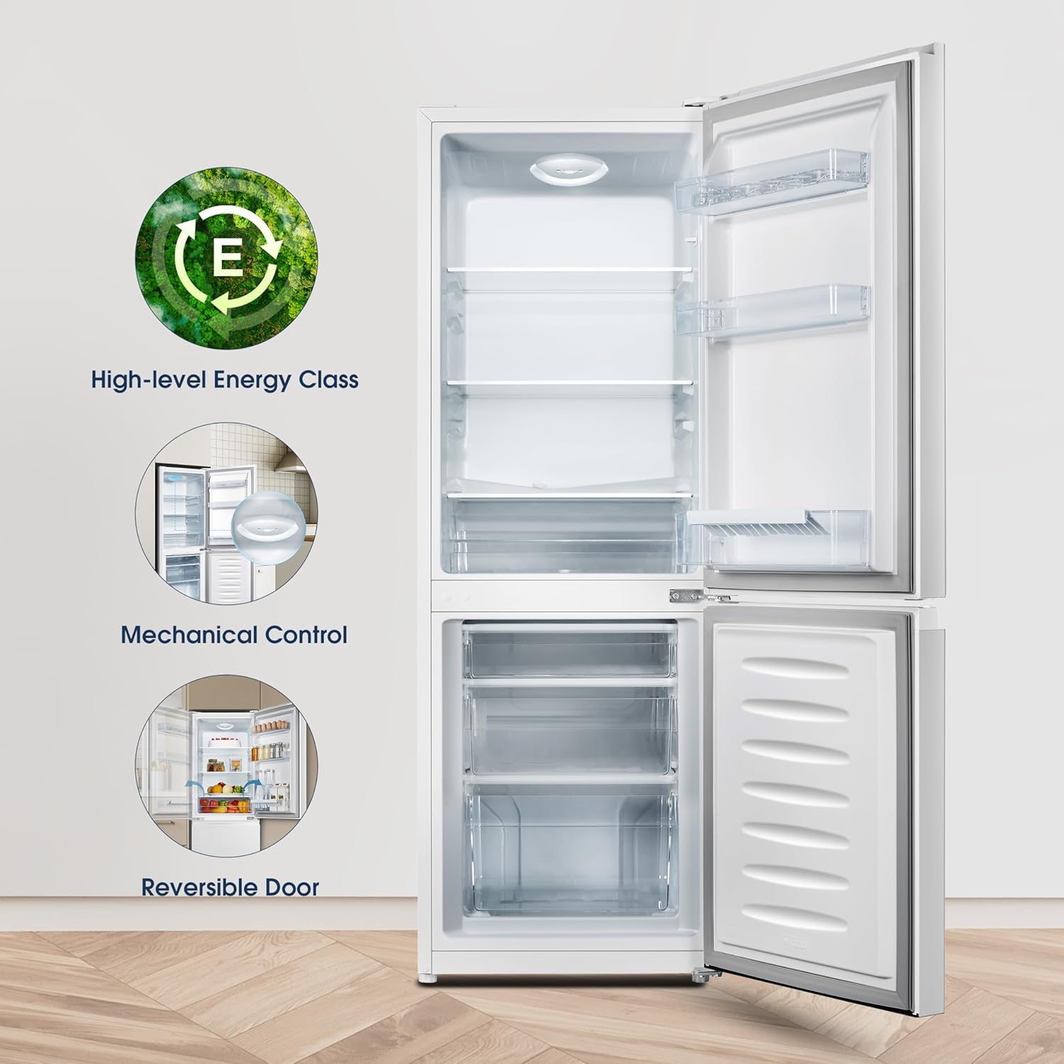 Fridgemaster MC50175A 50cm Freestanding 60/40 Fridge Freezer - 175-litre capacity with Crisper box - Reversible Door - LED Lighting- 4 Star Freezer Rating - White - E Rated-3