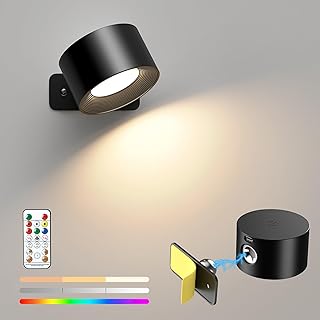 Mexllex Rechargeable Wall Light Indoor with 16 RGB Lights, Battery Operated Wall Light with Remote Control, 360° Rotatable Touch Control Reading Light, Magnetic Bedside Wall Lamp for Bedroom, Black