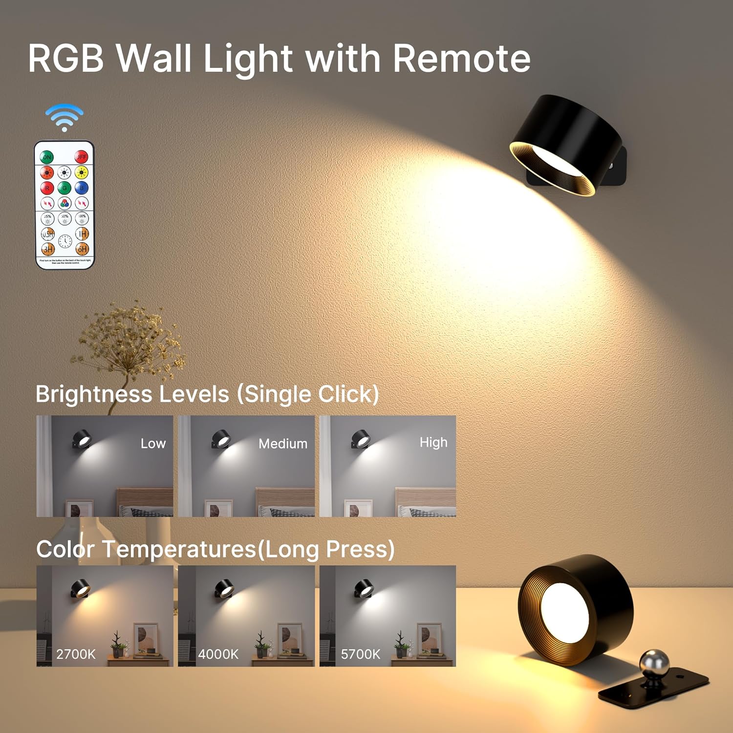 Mexllex Rechargeable Wall Light Indoor with 16 RGB Lights, Battery Operated Wall Light with Remote Control, 360° Rotatable Touch Control Reading Light, Magnetic Bedside Wall Lamp for Bedroom, Black-2