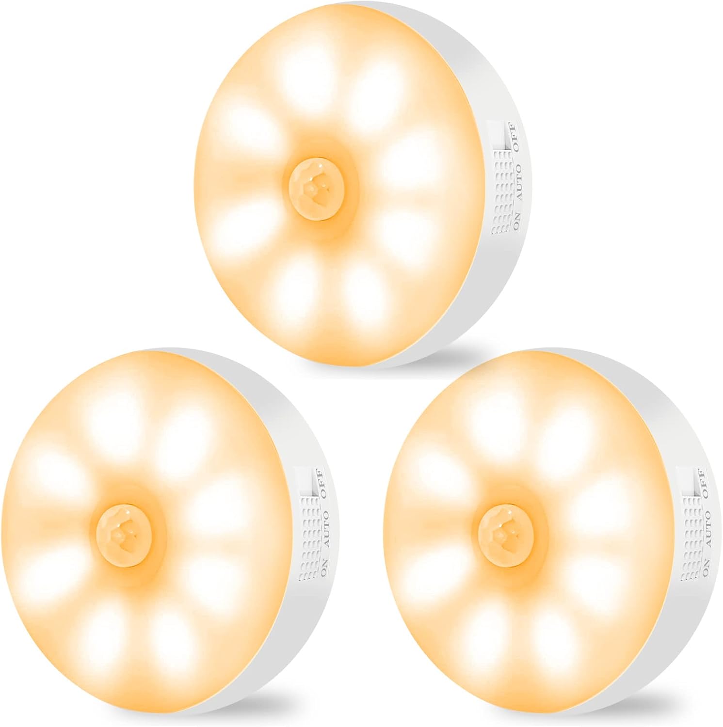 HIYAA Motion Sensor Lights Indoor Rechargeable Wireless Wall Light LED Stair Night Lights Lamps with Auto/On/Off for Stairs Living Room Bathroom Corridors Closet Kitchen Under Cabinets (Warm, 3 Pack)-0