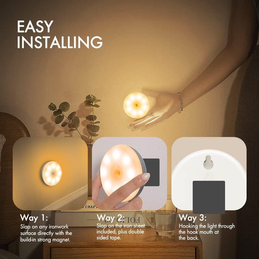 HIYAA Motion Sensor Lights Indoor Rechargeable Wireless Wall Light LED Stair Night Lights Lamps with Auto/On/Off for Stairs Living Room Bathroom Corridors Closet Kitchen Under Cabinets (Warm, 3 Pack)-5