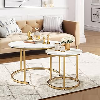 YITAHOME Modern Nesting Coffee Table Set of 2 for Living Room, White Round Wood Coffee Tables Stacking Accent Cocktail Tables End Side Table with Sturdy Metal Frame, Easy Assembly