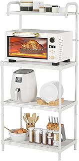 TANGZON 4-Tier Baker’s Rack, Metal Mesh Microwave Stand with Adjustable Shelves & Foot Pads, Freestanding Utility Kitchen Storage Shelves Organiser for Dining Room Living Room (White)