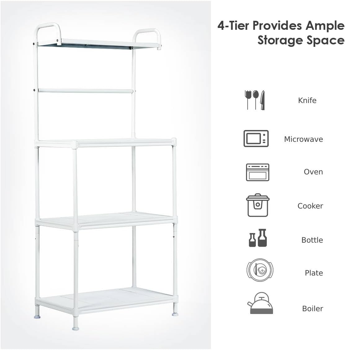 TANGZON 4-Tier Baker’s Rack, Metal Mesh Microwave Stand with Adjustable Shelves & Foot Pads, Freestanding Utility Kitchen Storage Shelves Organiser for Dining Room Living Room (White)-3