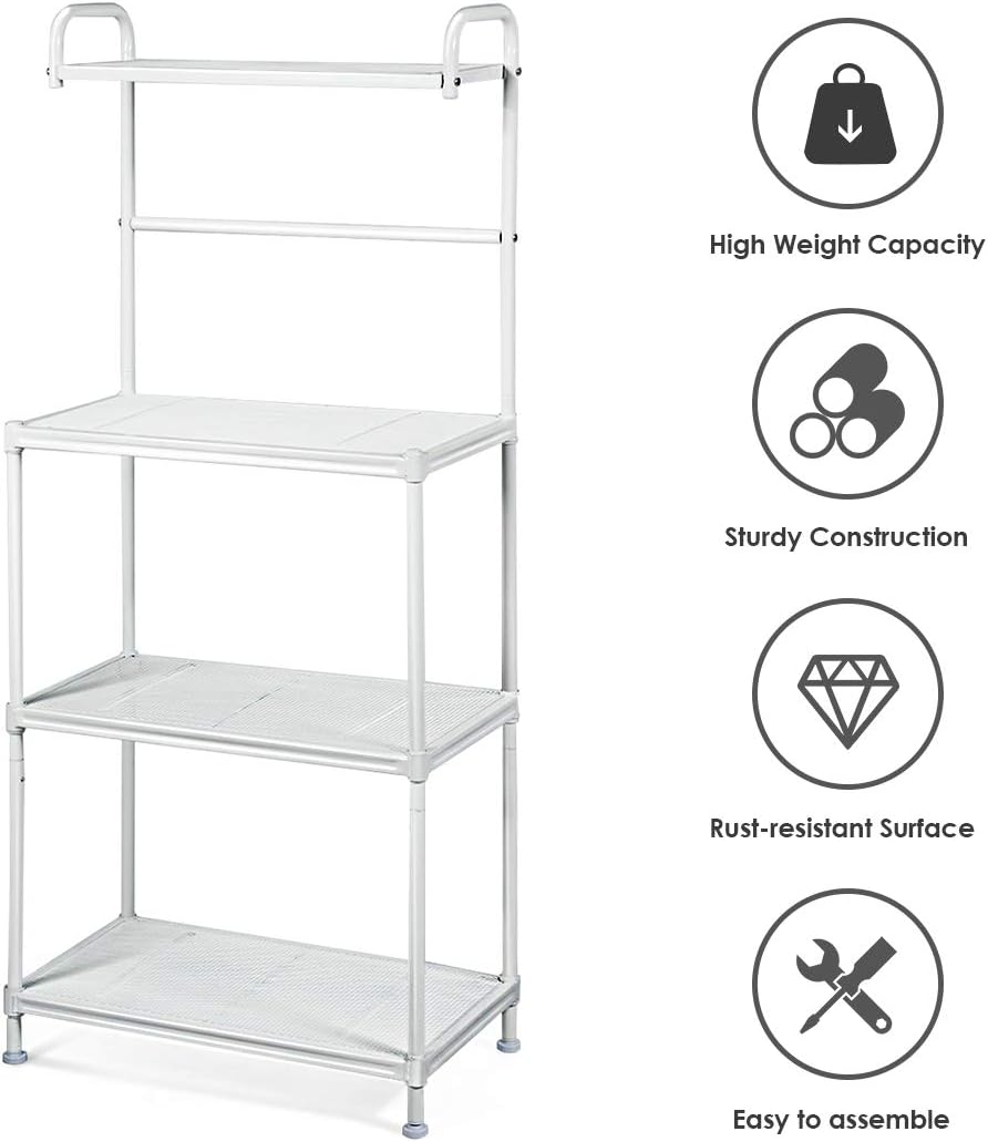 TANGZON 4-Tier Baker’s Rack, Metal Mesh Microwave Stand with Adjustable Shelves & Foot Pads, Freestanding Utility Kitchen Storage Shelves Organiser for Dining Room Living Room (White)-5