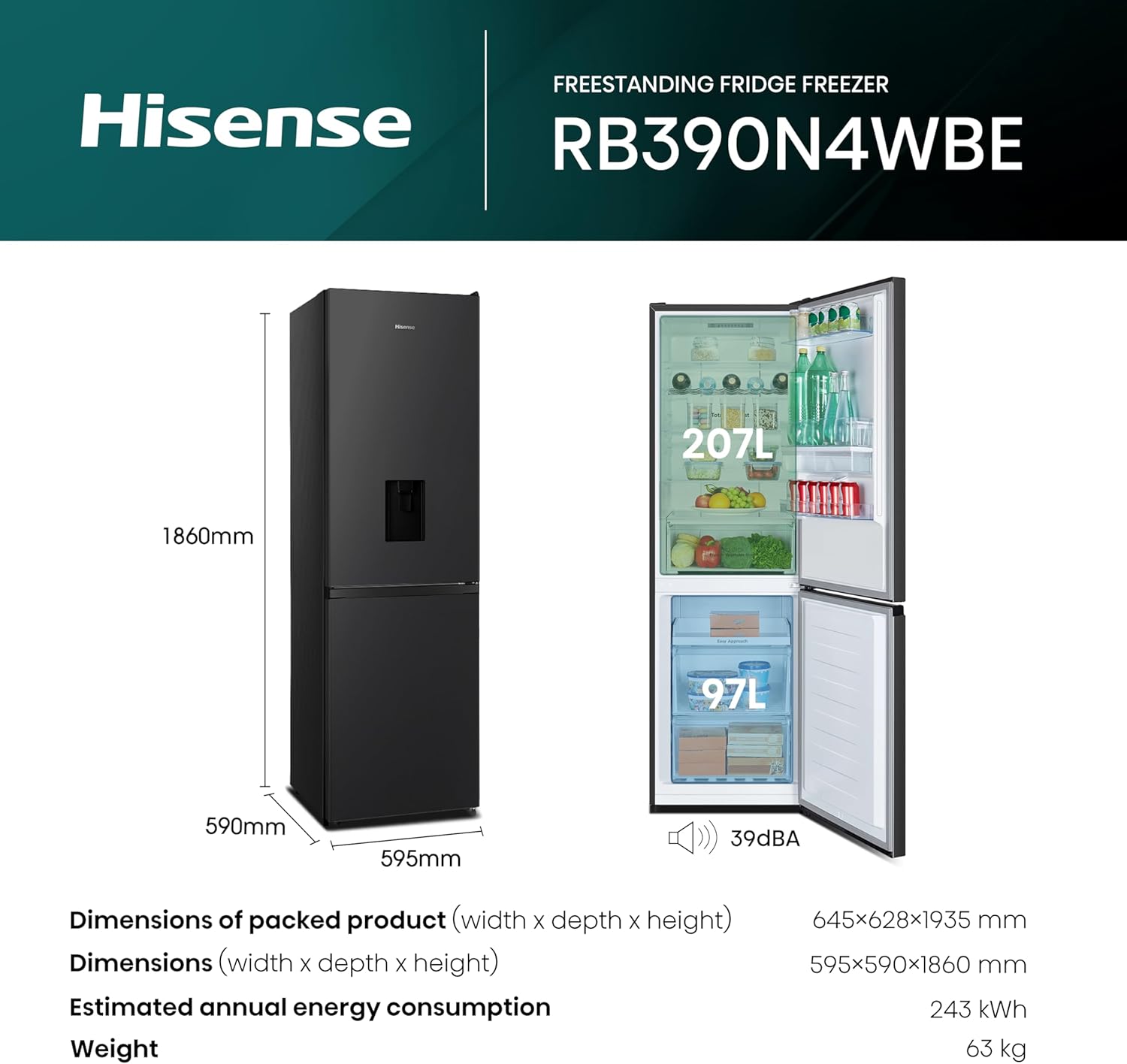 Hisense RB390N4WBE 60cm Freestanding 60/40 Fridge Freezer - 304 litre capacity - Total No Frost - Non-plumbed Water Dispenser - Black - F Rated, H186 x W59.5 x D59.0-1