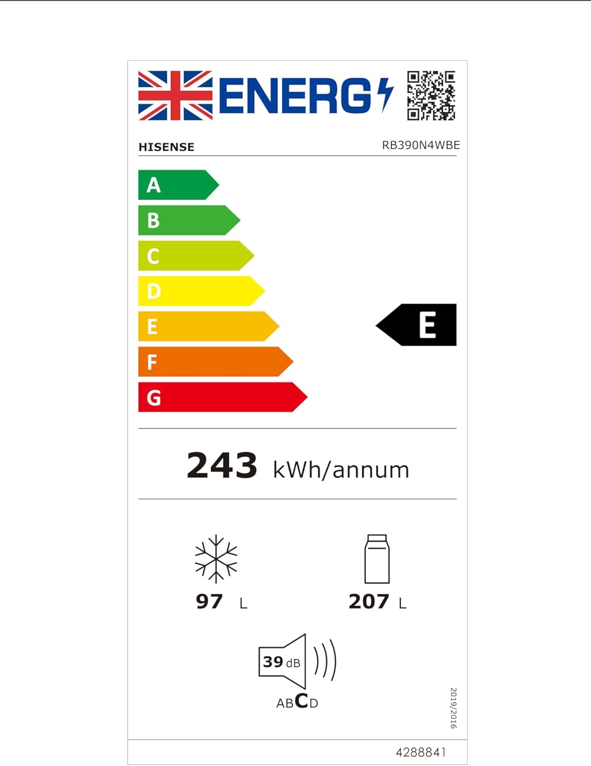 Hisense RB390N4WBE 60cm Freestanding 60/40 Fridge Freezer - 304 litre capacity - Total No Frost - Non-plumbed Water Dispenser - Black - F Rated, H186 x W59.5 x D59.0-10