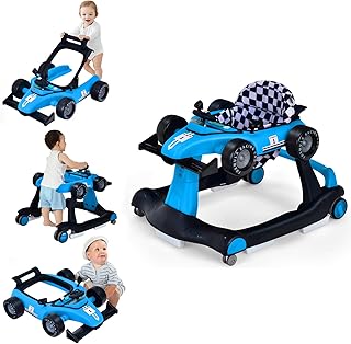 GYMAX Baby Walker, 4 in 1 Foldable Toddler Push Along Walker with Steering Wheel, Music Box, Lights and Comfy Seat, Height & Speed Adjustable Infant Learning to Walk Activity Center (Blue)