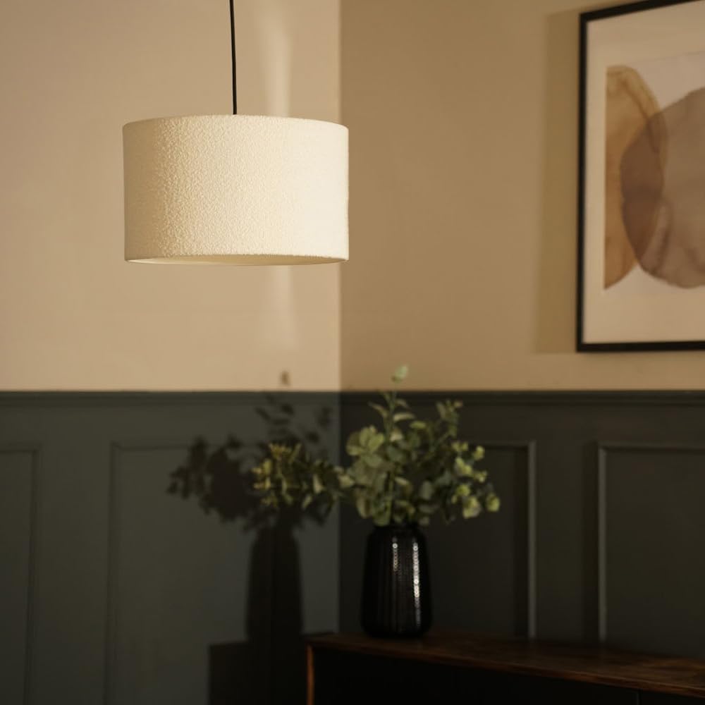 Modern Cream Boucle Cylinder Ceiling Pendant Lampshade/Table Lamp Drum Light Shade - Medium-1