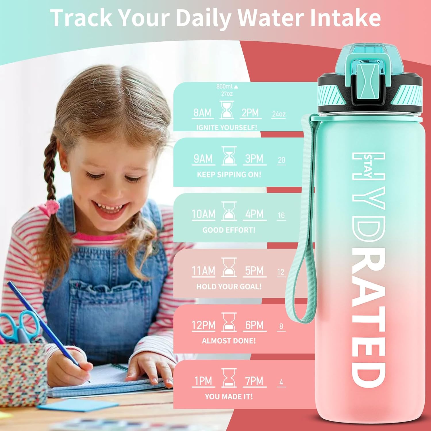 QLUR Water Bottle with Straw, 800ML Drinks Bottle with Time Markings-Tritan BPA Free-Sports Water Bottle Leakproof with Lock Cover, Motivational Water Bottles for School, Gym, Hiking, Yoga (1 Bottle)-1