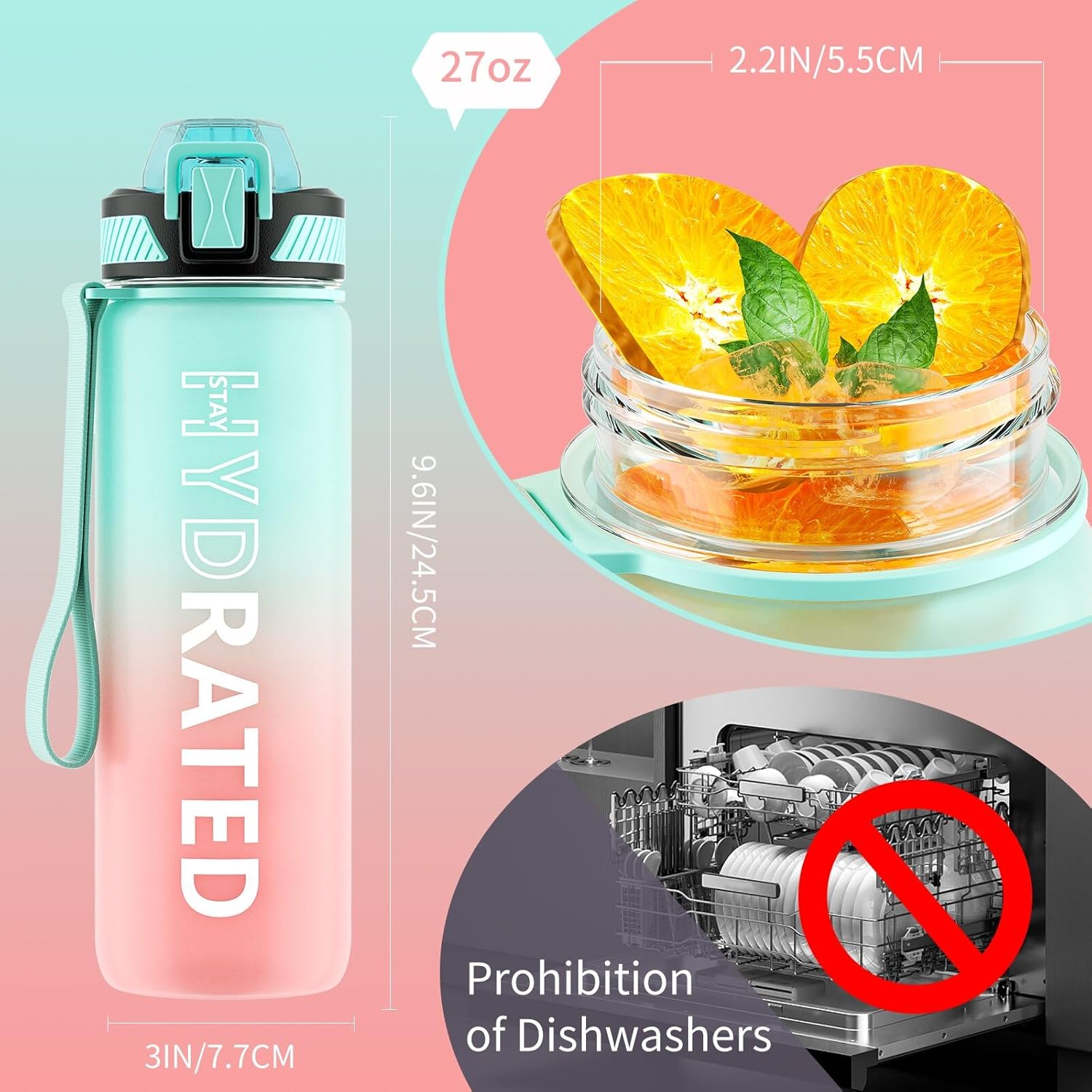 QLUR Water Bottle with Straw, 800ML Drinks Bottle with Time Markings-Tritan BPA Free-Sports Water Bottle Leakproof with Lock Cover, Motivational Water Bottles for School, Gym, Hiking, Yoga (1 Bottle)-5