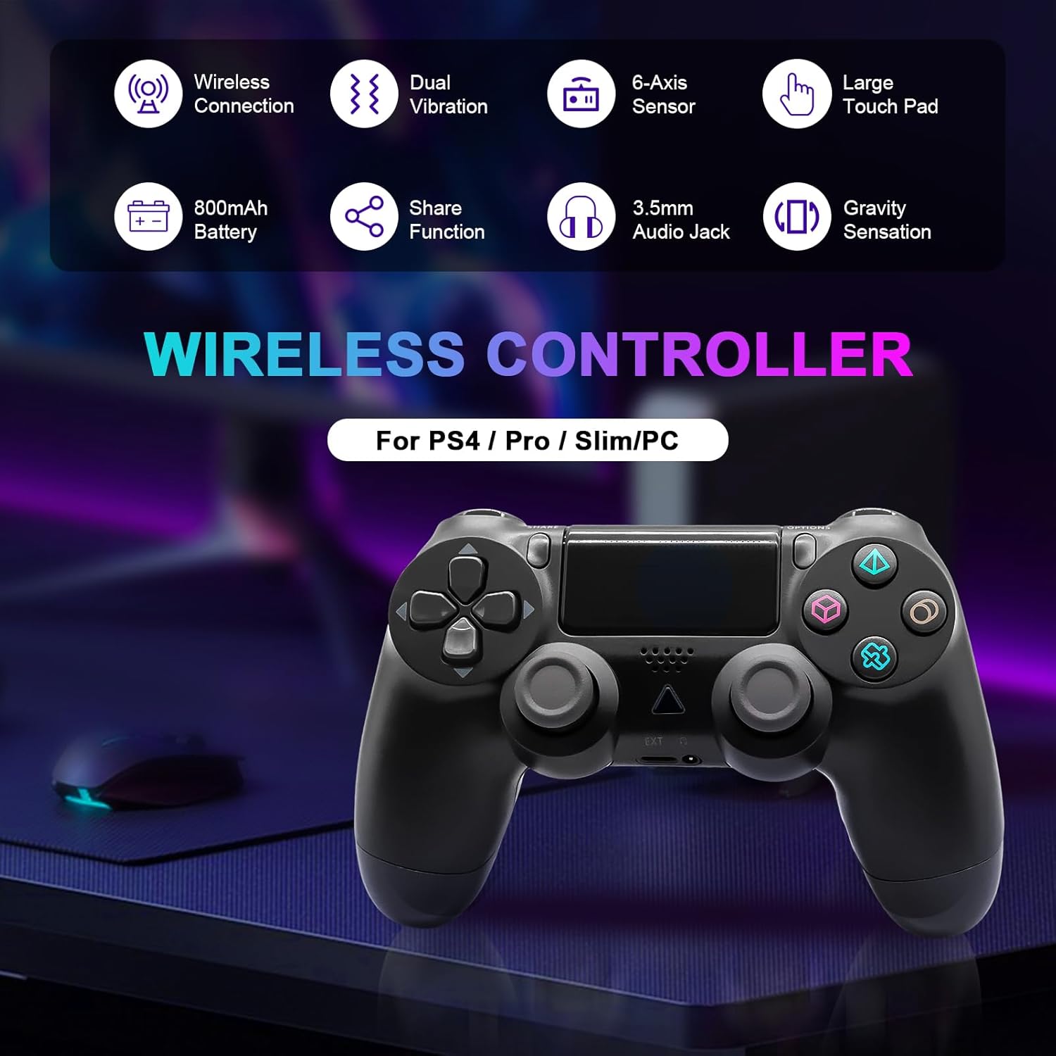 ARCELI Wireless Controller for PS4 -Controller Wireless for PS-4/Pro/Slim/PC, Bluetooth Gamepad Joystick with Dual Vibration Touch Panel 3.5mm Audio Jack Six-Axis Upgraded Ergonomic Controller(Black)-1