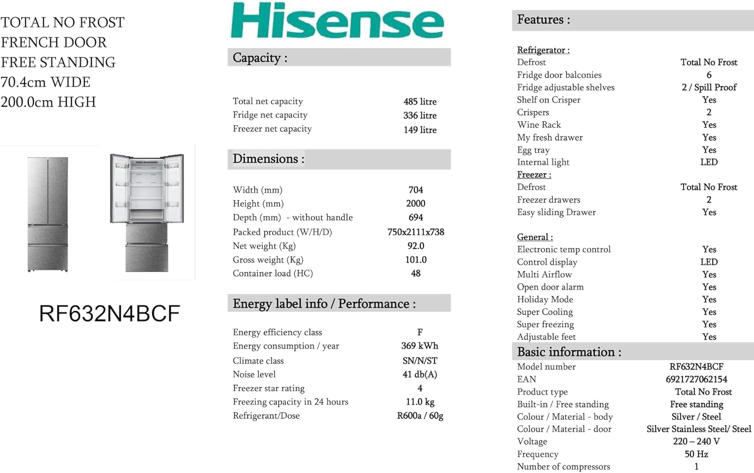 Hisense RF632N4BCE Freestanding American Door Fridge Freezer, No Frost, E Rated, Silver, 69.4D x 70.4W x 200H cm, 485 liters-3