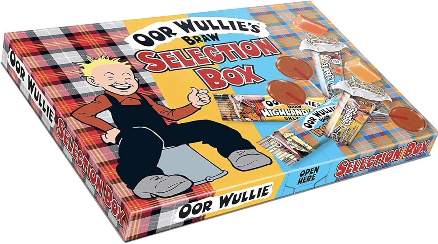 Oor Wullie's Braw Selection Box - Sweets Selection Nostalgia Box - Highland Toffee Chews, Sherbet Bars/Chewbies, Strawberry Flavour Lollipops - 150g - Vegetarians, Halal-0