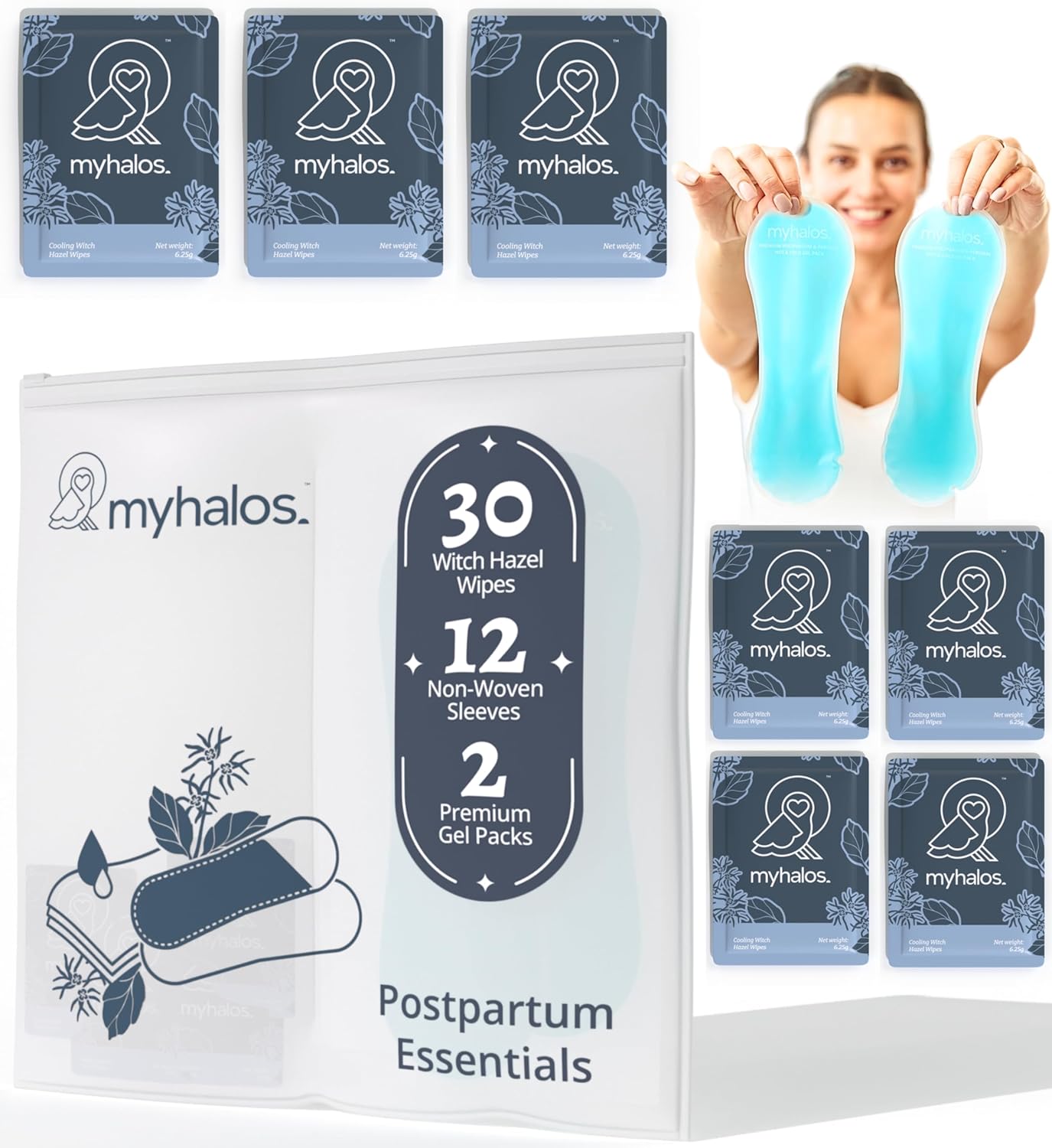 MyHalos 44pcs Perineal Ice Packs for Postpartum & 30 Witch Hazel Wipes for Hemorrhoids, Soothing Witch Hazel Pads Postpartum Ice Pack, Perineal Cold Pads Postpartum & Maternity Ice Pads After Birth-0