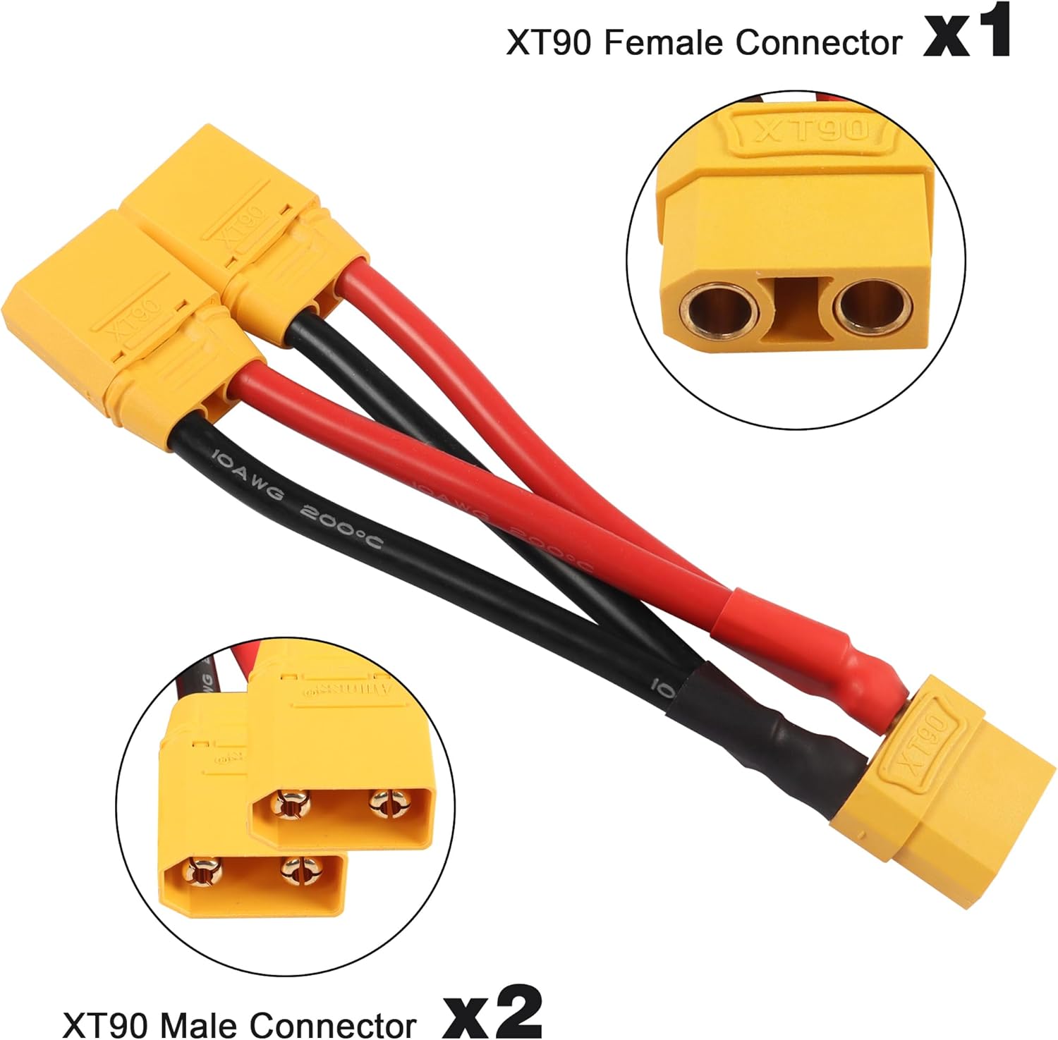 XT90 Parallel Y Splitter Battery Connector YACSEJAO 10AWG XT90 1 to Dual Extension Wire Cord for Quadcopters Multirotors RC LiPo Battery, 1 Pair-1