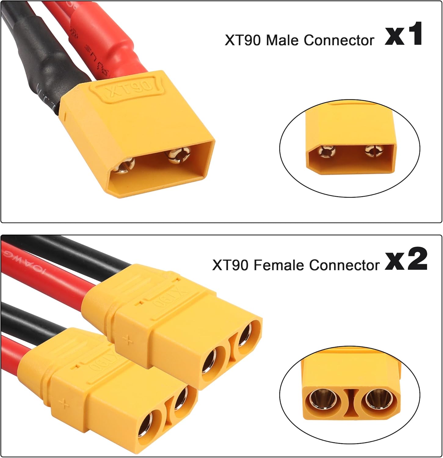 XT90 Parallel Y Splitter Battery Connector YACSEJAO 10AWG XT90 1 to Dual Extension Wire Cord for Quadcopters Multirotors RC LiPo Battery, 1 Pair-2