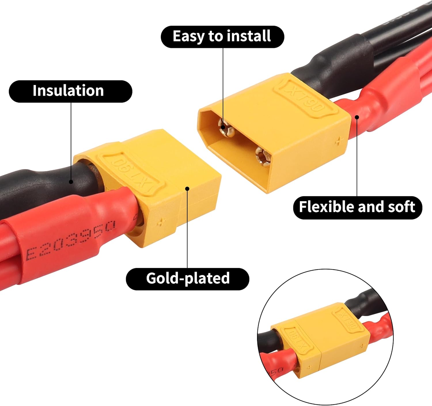 XT90 Parallel Y Splitter Battery Connector YACSEJAO 10AWG XT90 1 to Dual Extension Wire Cord for Quadcopters Multirotors RC LiPo Battery, 1 Pair-3