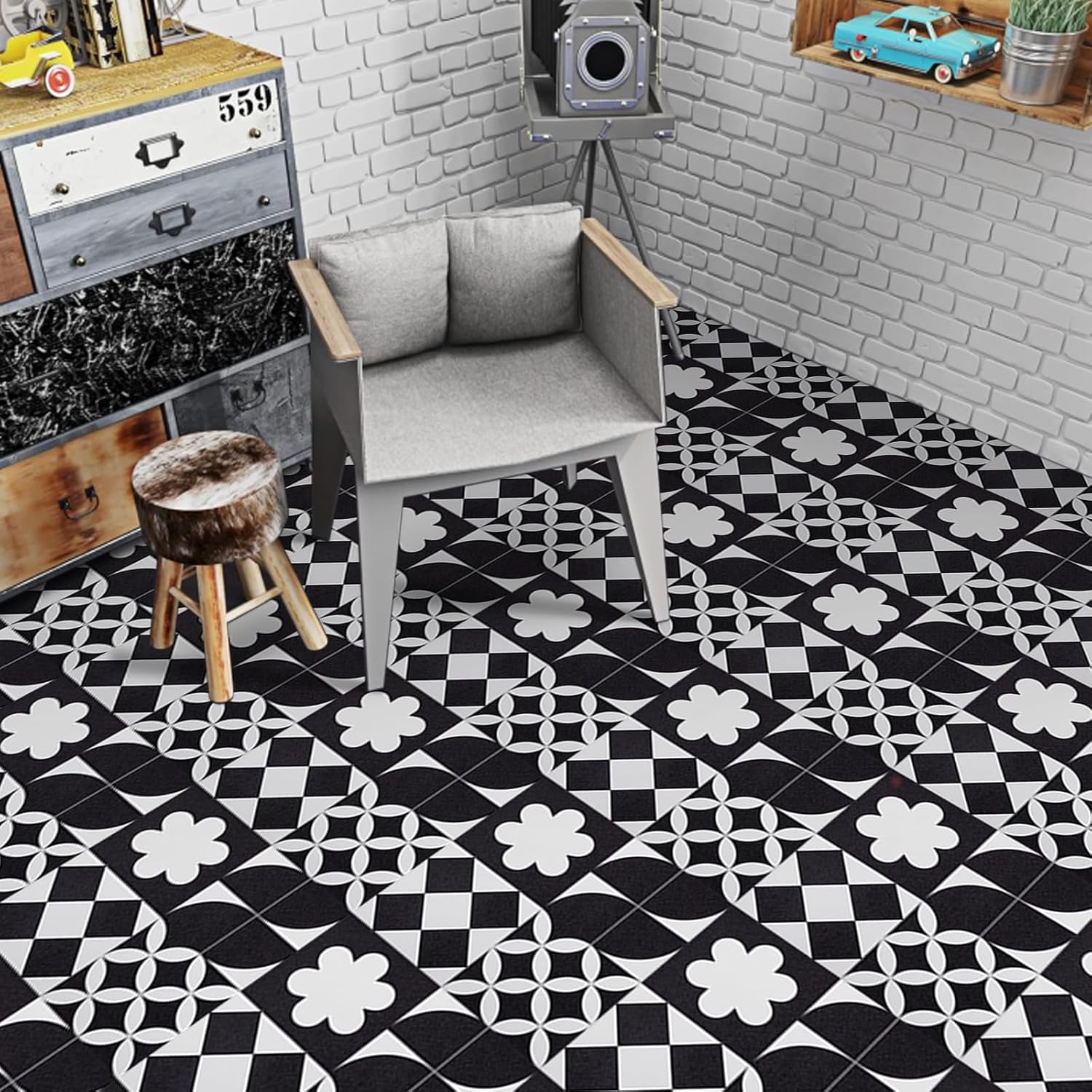 Elffloor Floor Tiles Self Adhesive Vinyl Flooring, Vinyl Floor Tiles, Bathroom Waterproof Peel and Stick Floor Tiles Stick on Kitchen Living Room Black White PVC Material 30X30cm 8pcs 1mm-0