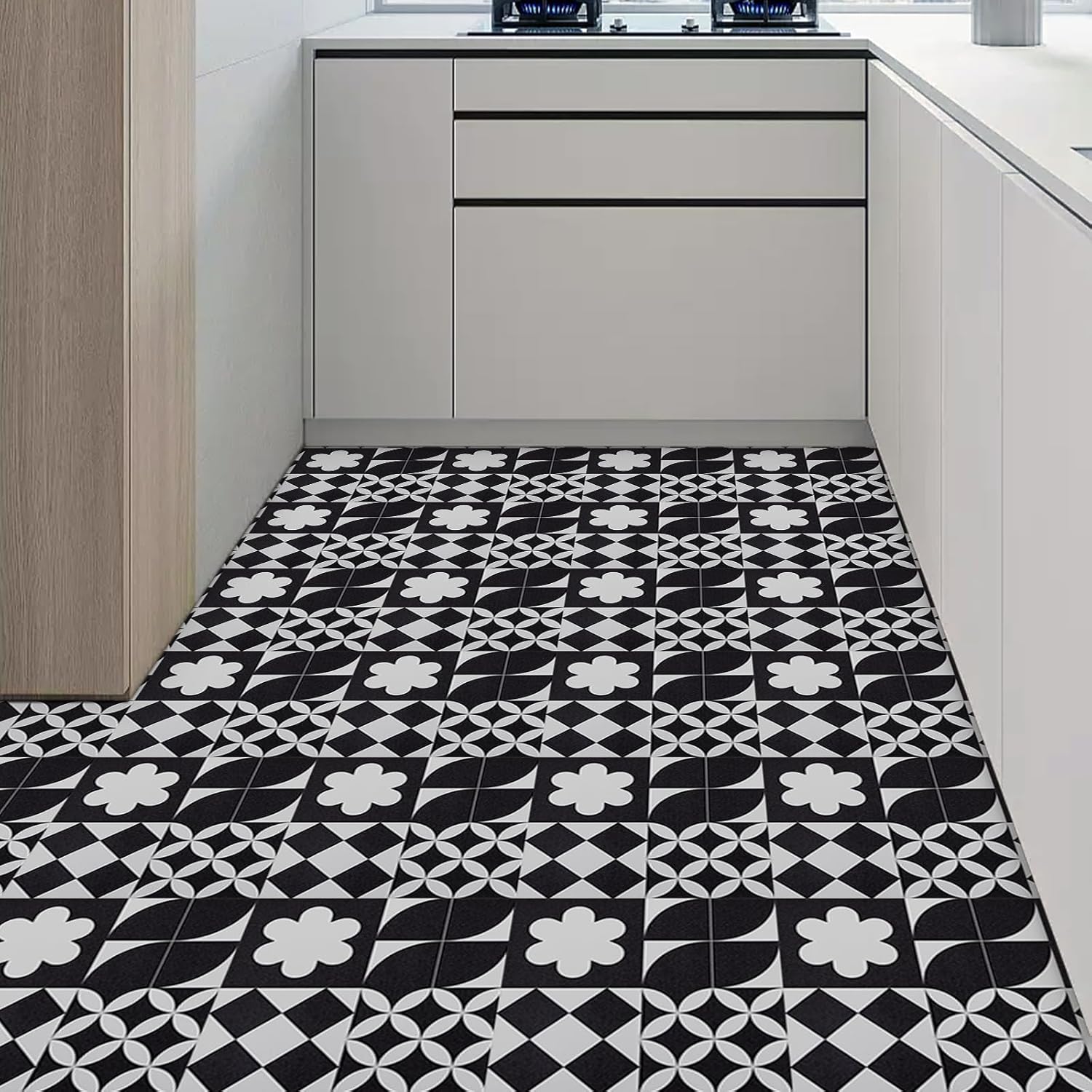 Elffloor Floor Tiles Self Adhesive Vinyl Flooring, Vinyl Floor Tiles, Bathroom Waterproof Peel and Stick Floor Tiles Stick on Kitchen Living Room Black White PVC Material 30X30cm 8pcs 1mm-3