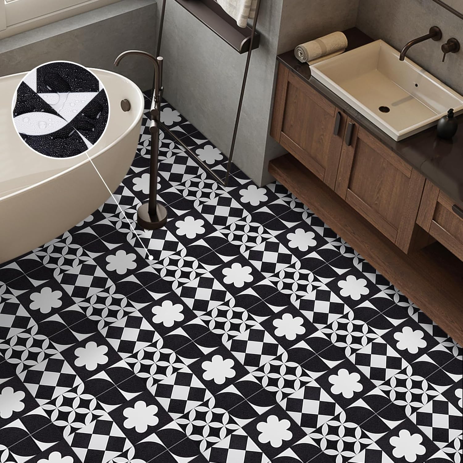 Elffloor Floor Tiles Self Adhesive Vinyl Flooring, Vinyl Floor Tiles, Bathroom Waterproof Peel and Stick Floor Tiles Stick on Kitchen Living Room Black White PVC Material 30X30cm 8pcs 1mm-4