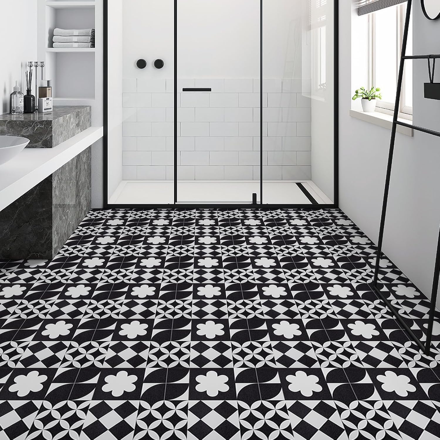 Elffloor Floor Tiles Self Adhesive Vinyl Flooring, Vinyl Floor Tiles, Bathroom Waterproof Peel and Stick Floor Tiles Stick on Kitchen Living Room Black White PVC Material 30X30cm 8pcs 1mm-6