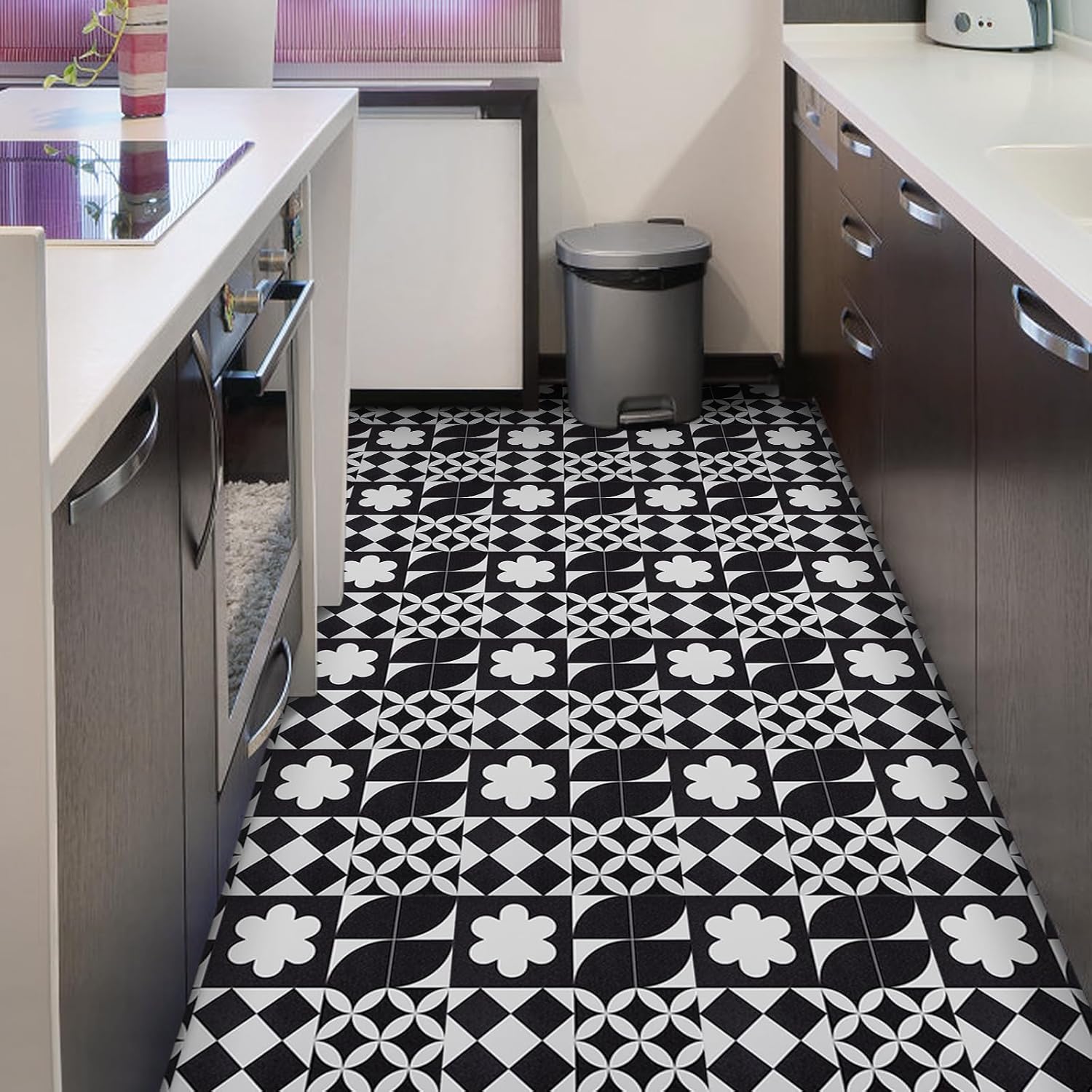 Elffloor Floor Tiles Self Adhesive Vinyl Flooring, Vinyl Floor Tiles, Bathroom Waterproof Peel and Stick Floor Tiles Stick on Kitchen Living Room Black White PVC Material 30X30cm 8pcs 1mm-8