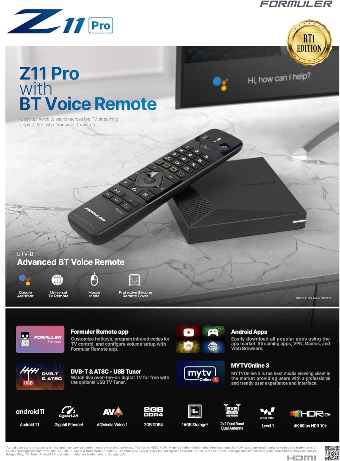 Formuler Z11 Pro BT1 Bluetooth Edition with GTV-BT1 Remote Control Android 11 Mytvonline 3 4K UHD Set Top Box Official UK Version BT 1-6