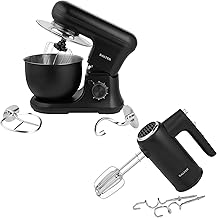 Salter COMBO-8846 Kuro Electric Mixer Set – With Stand Mixer and Hand Mixer, Electric Whisks With Dough Hook and Beater Attachments, 5L Stainless Steel Bowl, Removable Splash Guard, 300W/1200W, Black