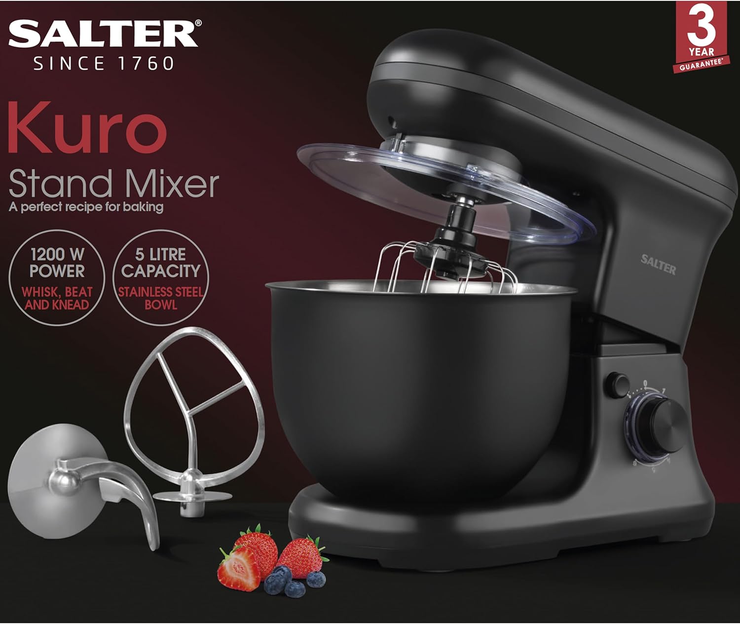 Salter COMBO-8846 Kuro Electric Mixer Set – With Stand Mixer and Hand Mixer, Electric Whisks With Dough Hook and Beater Attachments, 5L Stainless Steel Bowl, Removable Splash Guard, 300W/1200W, Black-1