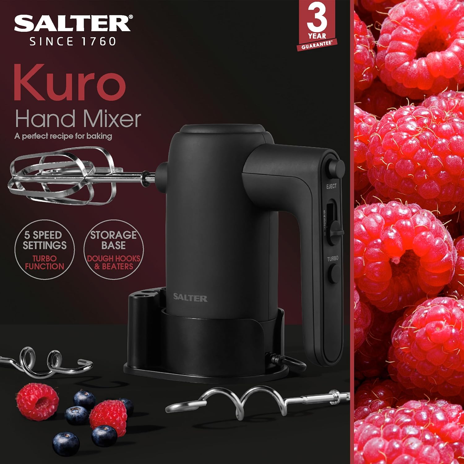 Salter COMBO-8846 Kuro Electric Mixer Set – With Stand Mixer and Hand Mixer, Electric Whisks With Dough Hook and Beater Attachments, 5L Stainless Steel Bowl, Removable Splash Guard, 300W/1200W, Black-2