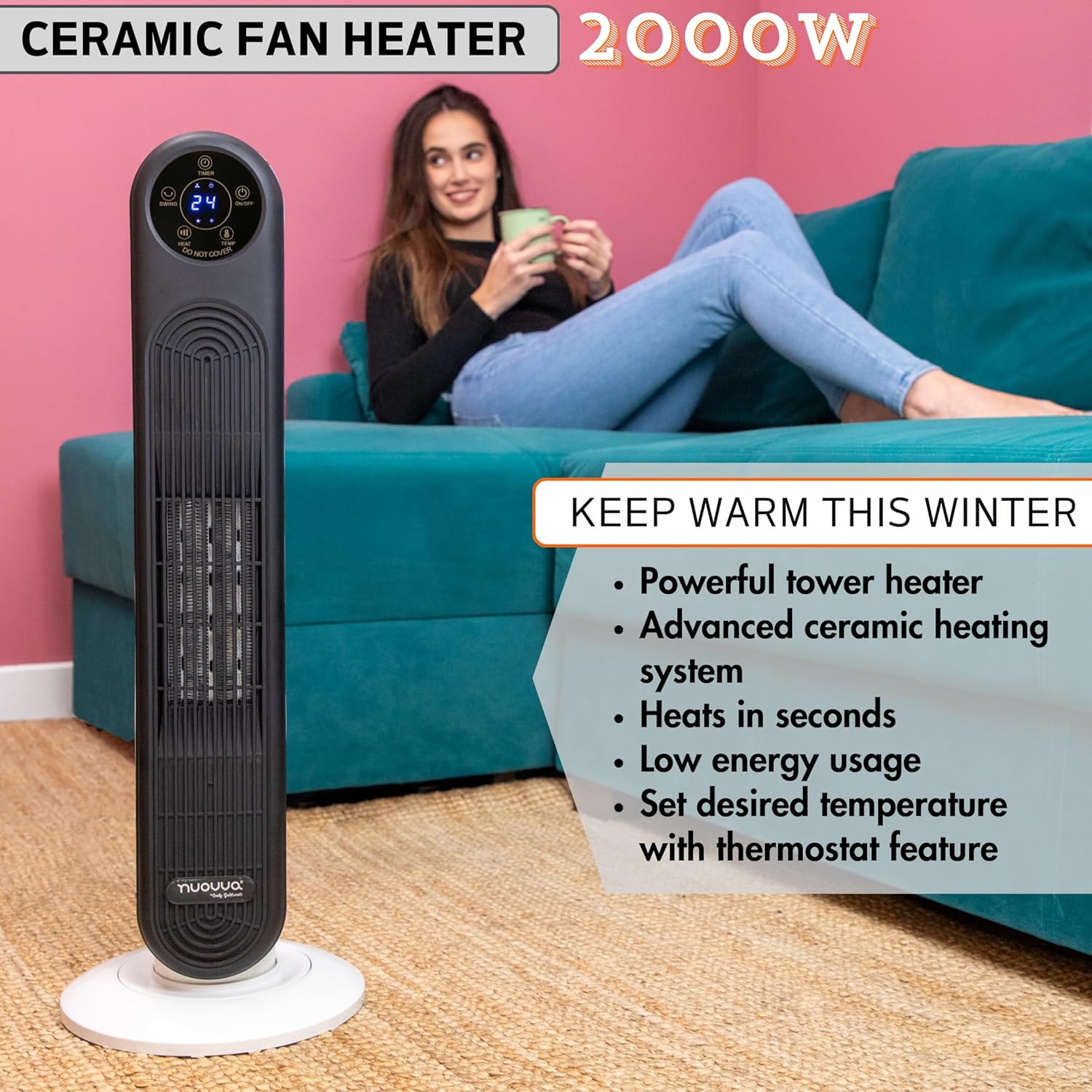 Electric Heater Energy Efficient – Heaters for Home Low Energy – Silent Oscillating Ceramic Fan Heater – Touch Screen, 2000W Tower Halogen Heater Fan With Remote Control – by Nuovva-4