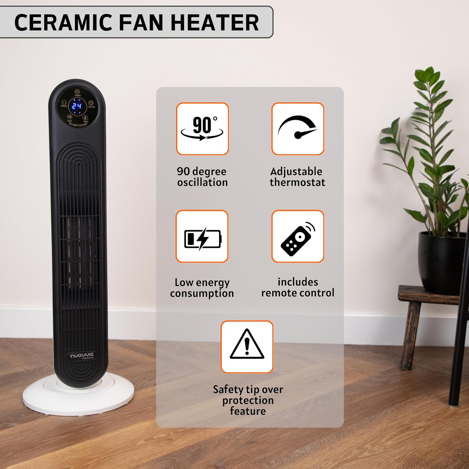 Electric Heater Energy Efficient – Heaters for Home Low Energy – Silent Oscillating Ceramic Fan Heater – Touch Screen, 2000W Tower Halogen Heater Fan With Remote Control – by Nuovva-7