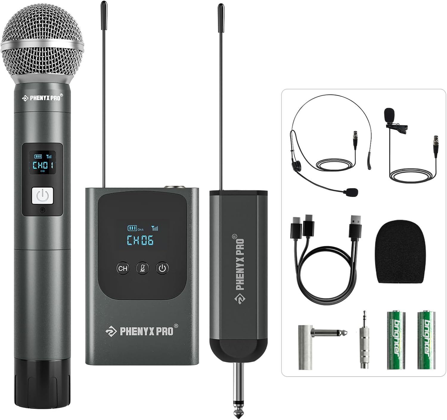 Phenyx Pro Dual Digital Wireless Microphone System, w/Handheld Dynamic Microphone, Bodypack Transmitter, Mini Receiver, 2x15 UHF Frequencies, Headset/Lapel Microphone for Singing (PDP-2-1H1B)-0