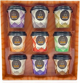 Coffee Gift Set - 9 Instant Coffee Travel Cup Set - Cappuccino, Almond, Hazelnut, Caramel, Latte, Mocha & More - Coffee Christmas Gifts for Coffee Lovers - Christmas Coffee Gifts for Men and Women