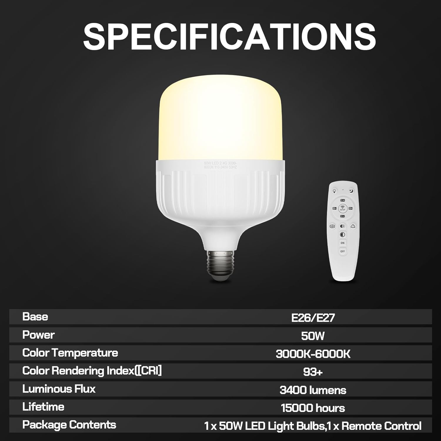 EMART 50W APP/Remote Control LED Light Bulb,Lectrodeless Dimming 3000K-6000K and Brightness Adjustable, E27,Softbox Light Bulb for Professional Photography Studio,Home,Office,Garden-1 Packs-6