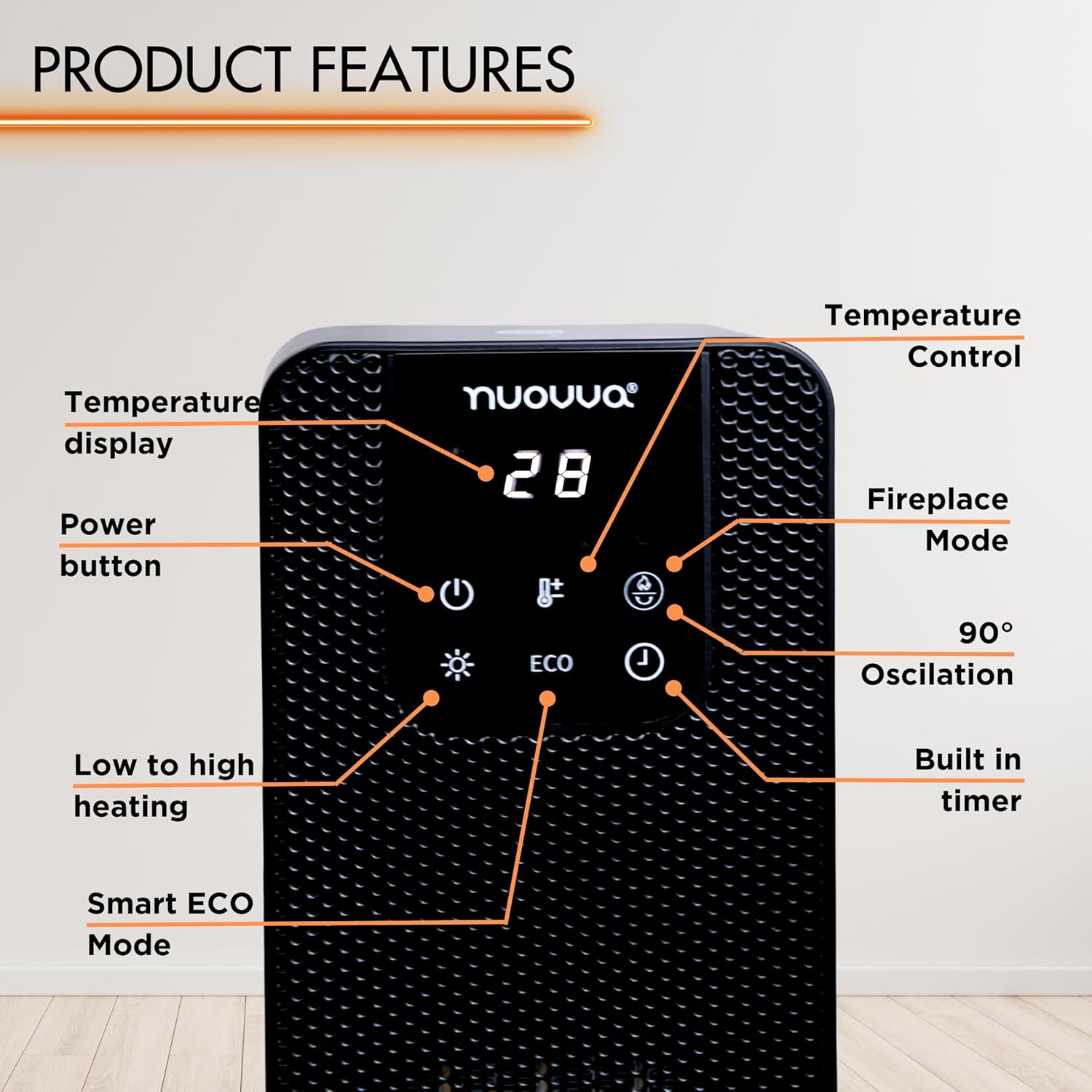 Electric Heater Energy Efficient – Heater Fan with Fireplace Display – Heaters for Home Low Energy – Portable Oscillating Tower Heater Fan – Black Ceramic Heater – by Nuovva-1