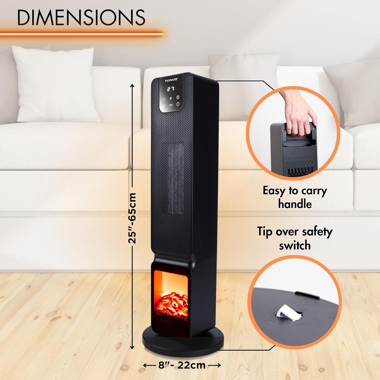 Electric Heater Energy Efficient – Heater Fan with Fireplace Display – Heaters for Home Low Energy – Portable Oscillating Tower Heater Fan – Black Ceramic Heater – by Nuovva-2