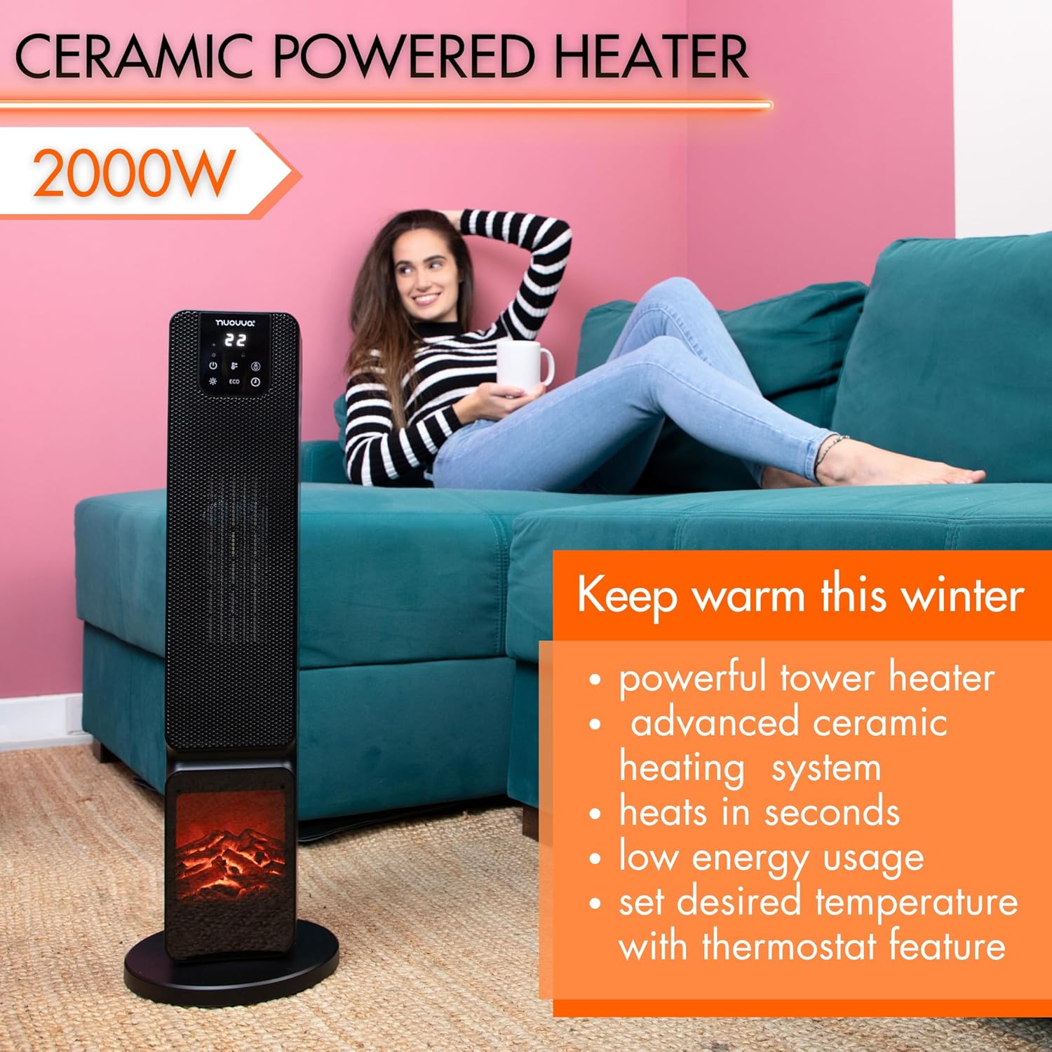 Electric Heater Energy Efficient – Heater Fan with Fireplace Display – Heaters for Home Low Energy – Portable Oscillating Tower Heater Fan – Black Ceramic Heater – by Nuovva-3