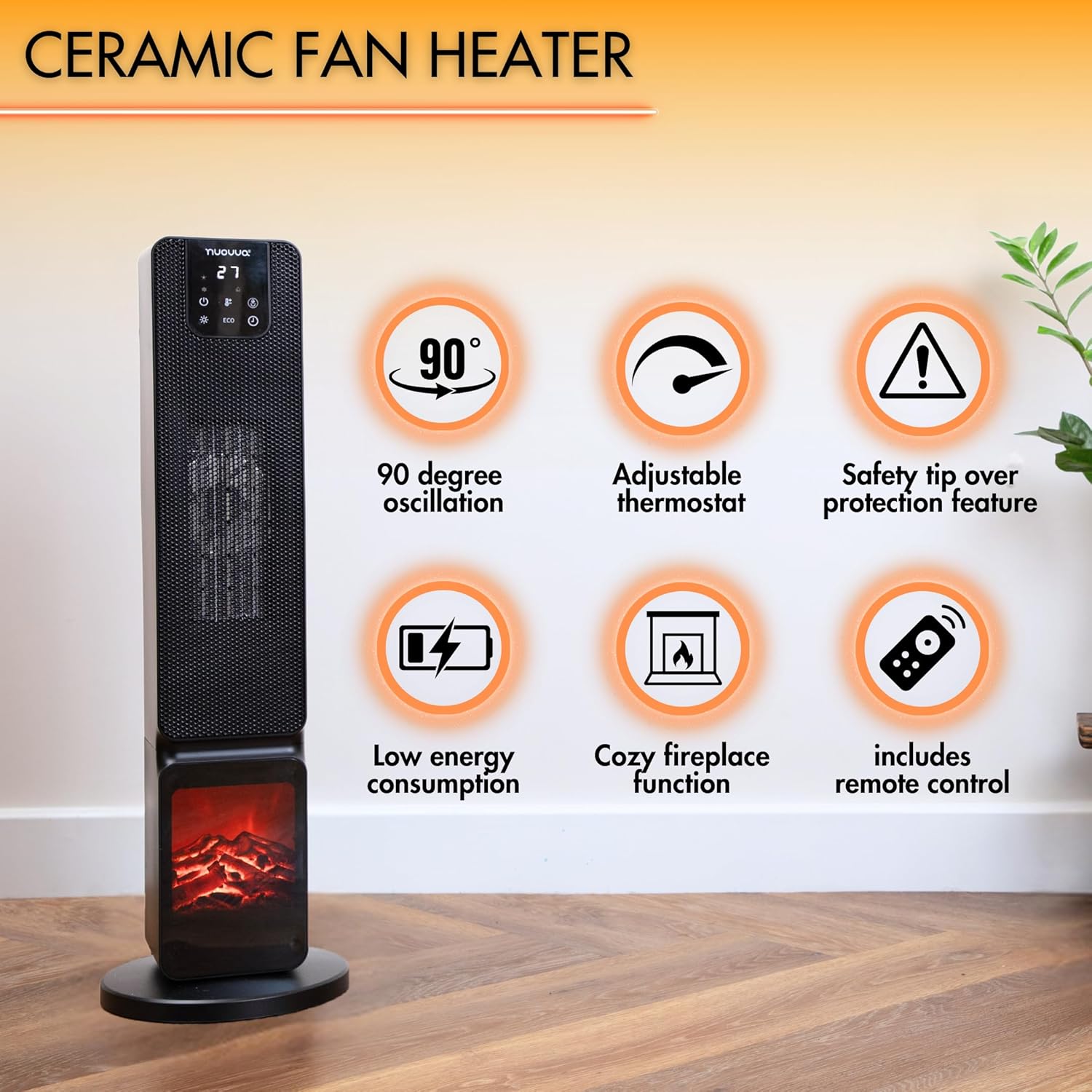 Electric Heater Energy Efficient – Heater Fan with Fireplace Display – Heaters for Home Low Energy – Portable Oscillating Tower Heater Fan – Black Ceramic Heater – by Nuovva-8