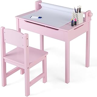 GYMAX Kids Desk and Chair Set, Wooden Children Art Table with Storage Space, Paper Roll and Markers, Lift-up Tabletop Design, Toddler Study Desk Set for 3 Years Old + Boys Girls (Pink)