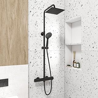 Huibathroom Thermostatic Shower Mixer Set for Bathroom Square Matte Black Designer Rainfall Shower Head Handset Exposed Valve, Hose & Rail